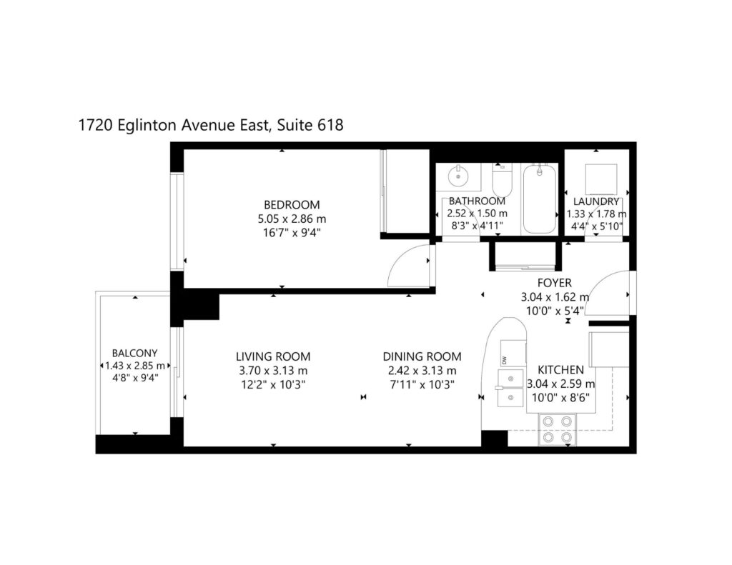 1720 Eglinton Ave E #618 floor plan | entry with closet to kitchen leading to living room with one separate bedroom
