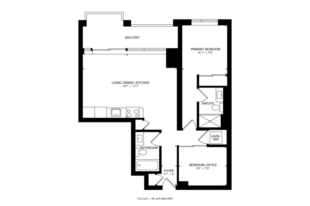 199 Richmond St W #518 floor plan - 724 sq ft with 1 bedroom, 1 den, 2 bathrooms, combined living/kitchen/dining room, and covered balcony