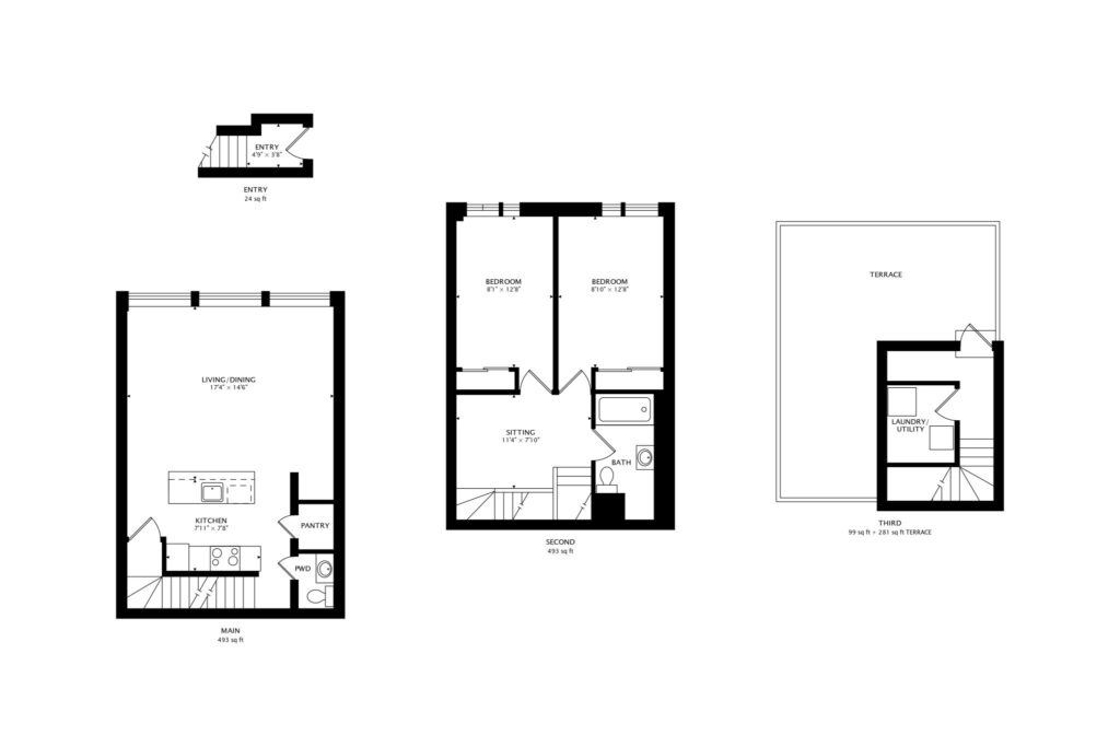 441 Jane St 210 floor plan with lower level entry, two levels of living space, and a rooftop terrace