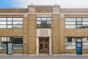 Building exterior and front entrance with art deco architectural style.