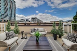 54 East Liberty St #1030 private rooftop terrace seating area with city views overlooking Liberty Village